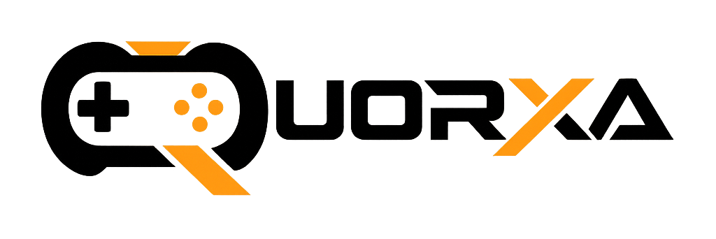 Quorxa logo featuring a stylized Black gaming controller icon with orange accents on the left, followed by the word "QUORXA" in a bold, futuristic white font. The letter "X" is highlighted in orange