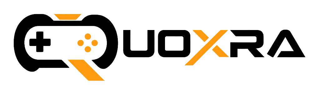Quoxra logo featuring a stylized Black gaming controller icon with orange accents on the left, followed by the word "QUORXA" in a bold, futuristic white font. The letter "X" is highlighted in orange